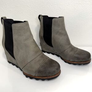 Sorel Lea Wedge Joan of Arctic Gray Leather Booties Size 7 VGUC